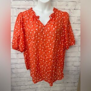 Talbots Plus Size 2X Orange Ruffle Popover‎ Blouse Scattered Blossoms Split Neck